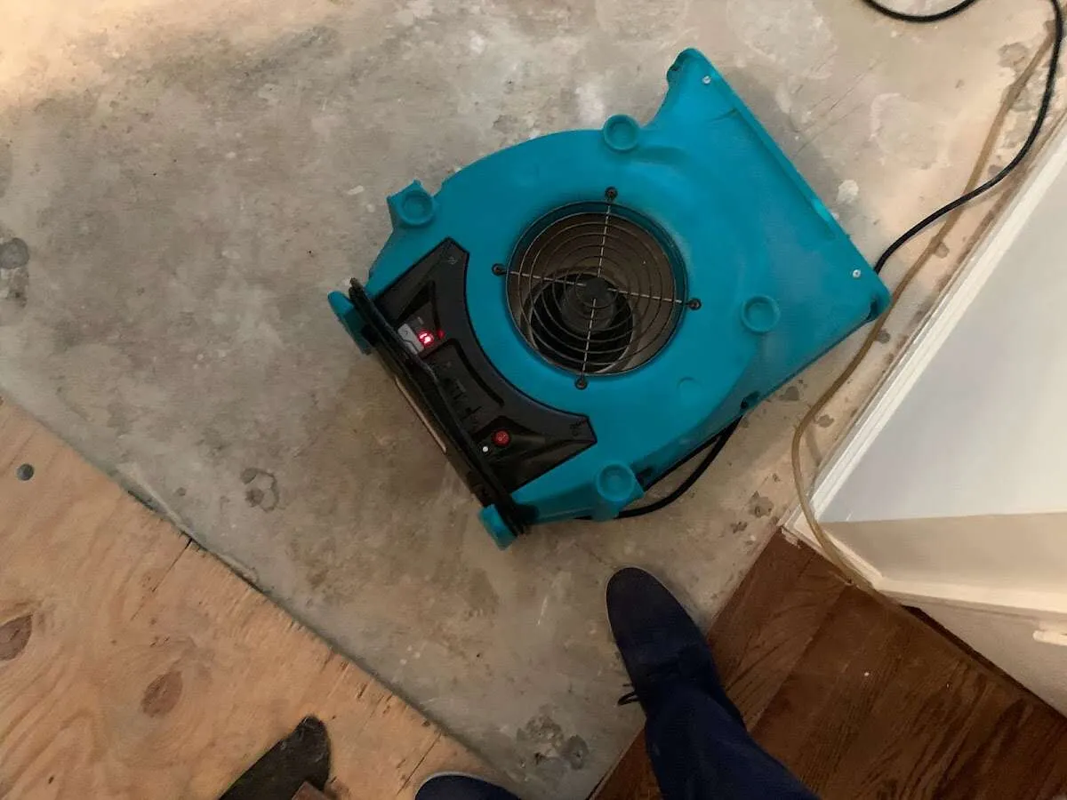Air mover drying subfloor during Leak Detection & Repair in Wolfforth
